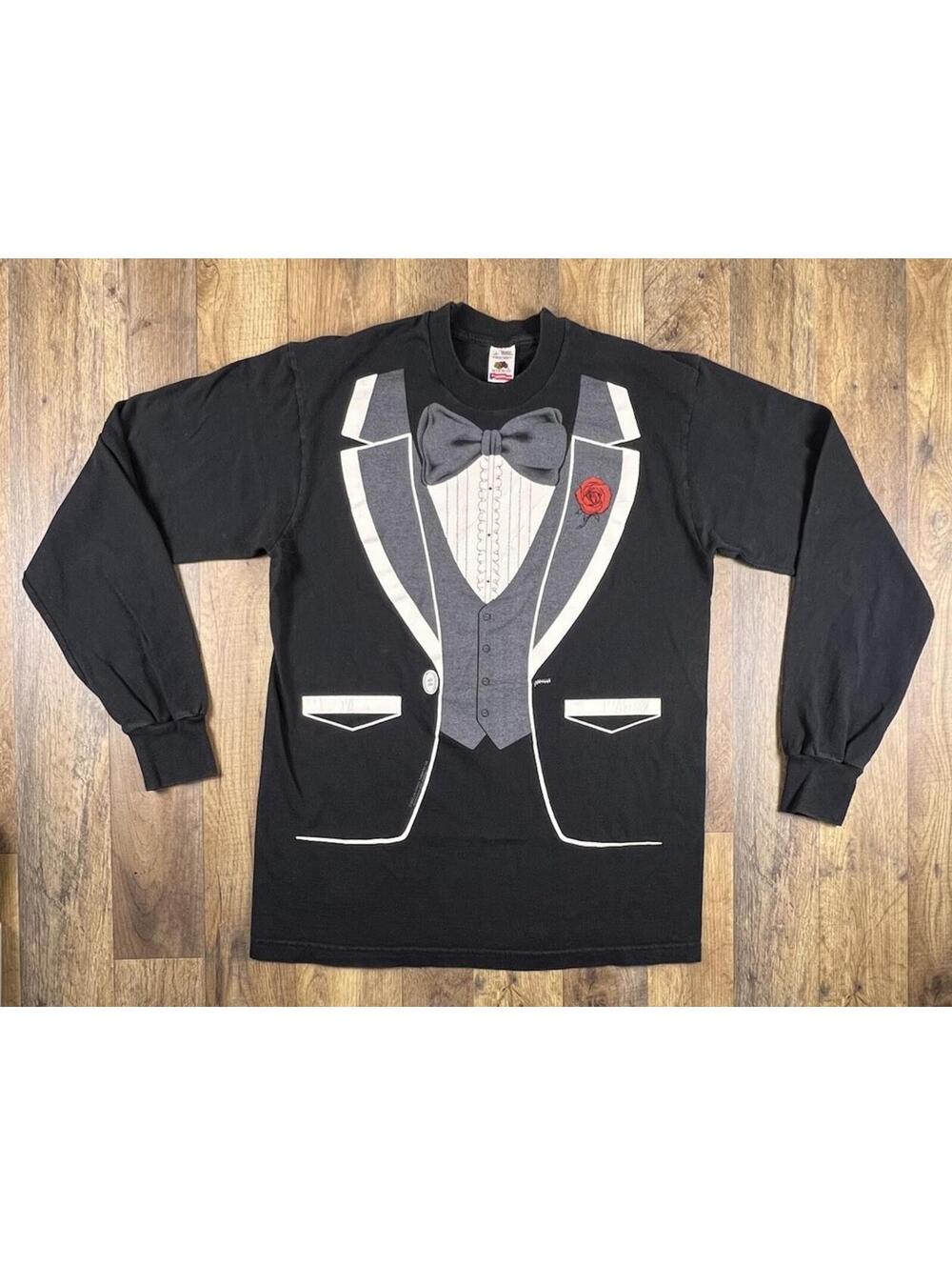 Vintage 90s Y2K Tuxedo Tee Shirt Long Sleeve Large Black Red Rose Bow Tie FOTL